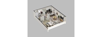 A 3D rendered image of a modern apartment layout.