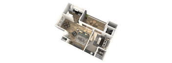 A 3D floor plan of a house with a living room, kitchen, dining room, and bedroom.