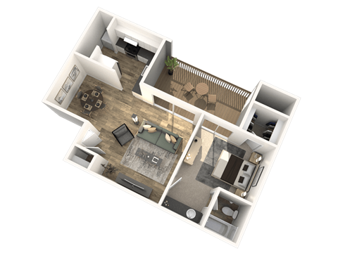 A 3D floor plan of a house with a living room, kitchen, dining room, and bedroom.