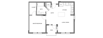 A floor plan of a house with a master bedroom, bathroom, kitchen, living/dining area, and deck.