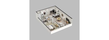 A 3D rendered image of a modern apartment layout.