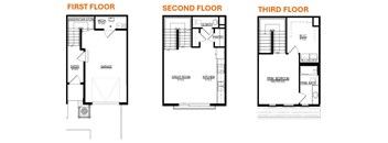 A set of three black and white images showing the layout of the first, second and third floors of a house.