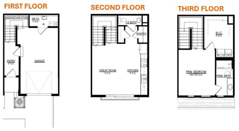 A set of three black and white images showing the layout of the first, second and third floors of a house.
