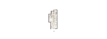 A floor plan of an apartment with a living room, kitchen, bathroom, and bedroom.