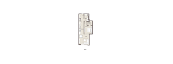 A floor plan of a one bedroom apartment with a living room and kitchen.