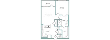 A floor plan of a home with a living area, kitchen, and bathroom.