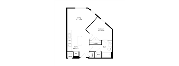 A floor plan of a small apartment with a living room, bedroom, kitchen, bathroom, and closet.