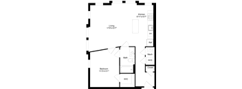 A floor plan of a room with a kitchen, living room, bathroom, bedroom, and closet.