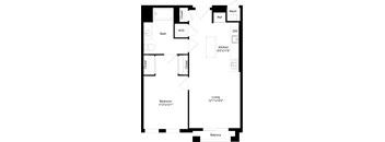 A floor plan of a house with a living room, kitchen, bathroom, and bedroom.