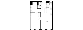 A floor plan of a room with a bedroom, bathroom, kitchen, and living room.