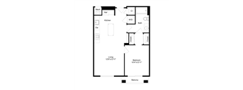 A floor plan of a living space with a kitchen, bathroom, and bedroom.
