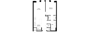 A floor plan of a room with a living area, kitchen, bathroom, and bedroom.