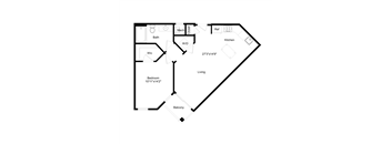 A floor plan of a living space with a bedroom, bathroom, kitchen, and balcony.
