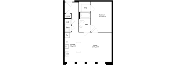 A floor plan of a room with a bed, bath, kitchen, and living area.