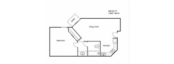 A floor plan of a 1 bedroom, 1 bathroom apartment.
