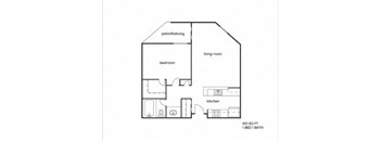 A floor plan of a house with a living room, bedroom, kitchen, and bathroom.