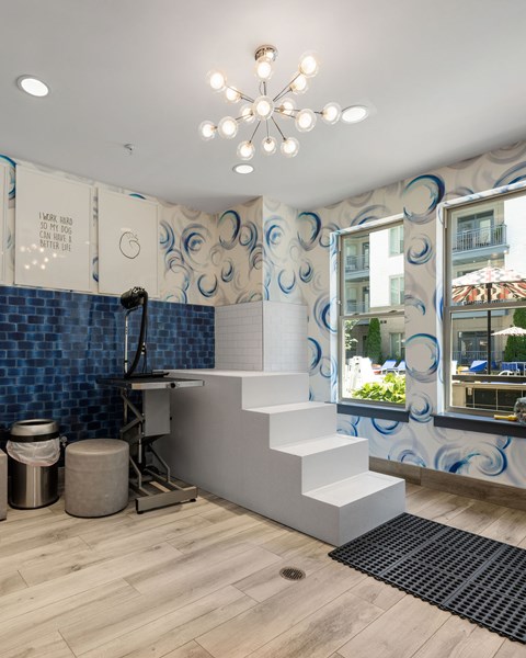 A bathroom with a blue tiled wall and a white staircase.