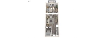 A 1 bedroom apartment layout with a kitchen and living room.