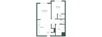 A floor plan of a small apartment with a living room, kitchen, bathroom, and bedroom.