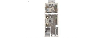 A 1 bedroom apartment layout with a kitchen and living room.