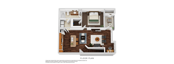 A floor plan of a two-bedroom apartment with a living room, kitchen, and bathroom.