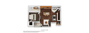 A floor plan of a two-bedroom apartment with a living room, kitchen, and bathroom.