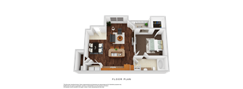 A floor plan of a house with a living room, kitchen, and bathrooms.