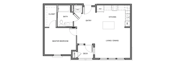 A floor plan of a house with a master bedroom, bathroom, kitchen, living/dining area, and a deck.