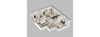 A 3D floor plan of a modern apartment with two bedrooms, a living room, a kitchen, and a bathroom.