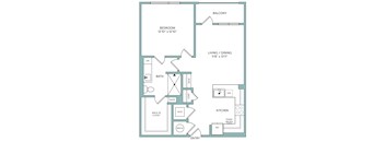 A floor plan of a home with a bedroom, bathroom, living/dining area, kitchen, and entry.