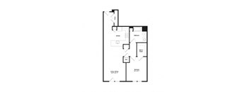 A floor plan of a small apartment with a living and dining area, kitchen, bathroom, and walk-in closet.