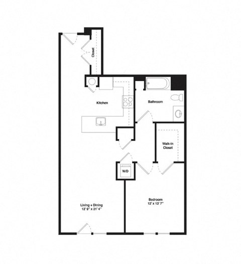 A floor plan of a small apartment with a living and dining area, kitchen, bathroom, and walk-in closet.