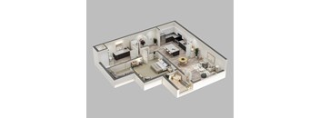 A 3D rendered image of a modern apartment layout.