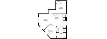 A floor plan of a house with a living room, kitchen, bedroom, bathroom, and closet.