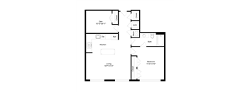 A floor plan of a small apartment with a living room, bedroom, kitchen, and bathroom.
