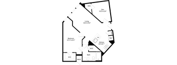 A floor plan of a house with a living room, kitchen, bedroom, and bathroom.