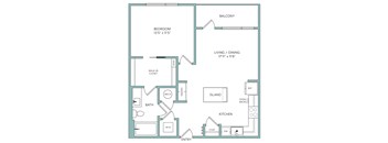 A floor plan of a home with a balcony, living/dining area, kitchen, bathroom, and bedroom.