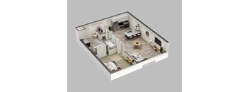 A 3D rendered image of a modern apartment layout.