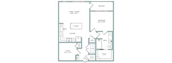 A floor plan of a home with a living area, kitchen, study, bedroom, bathroom, and balcony.