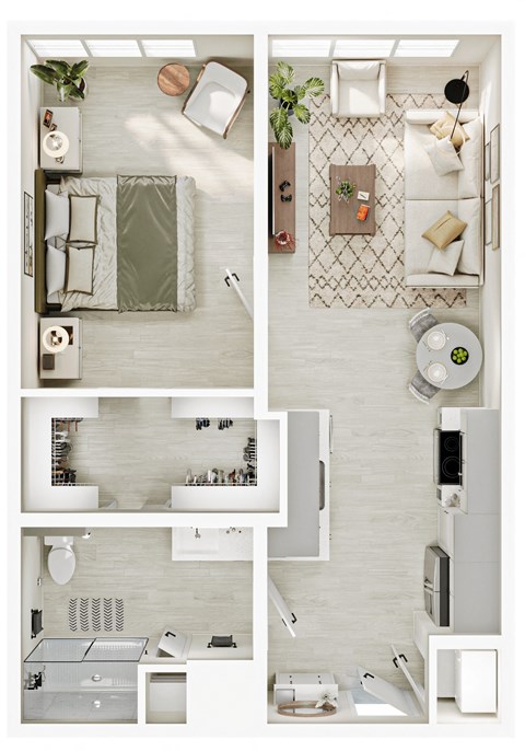 a birds eye view of a bedroom with a bathroom and a living room