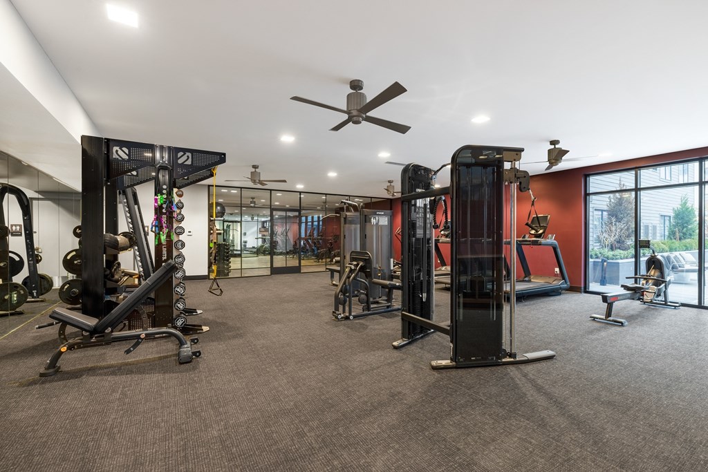 a gym with weights and cardio equipment on the floor and a large window