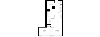 A floor plan of a house with a den, kitchen, dining room, living room, and two bedrooms.