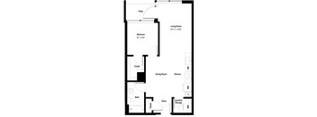 A floor plan of a house with a living room, dining room, kitchen, bathroom and bedroom.