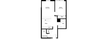 A floor plan of a small apartment with a living room, bedroom, kitchen, bathroom, and laundry/storage area.