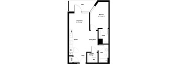 A floor plan of a small apartment with a living room, dining room, kitchen, bathroom, and bedroom.