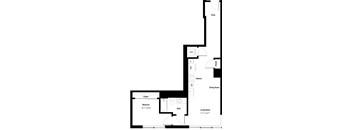 A floor plan of a house with a living room, dining room, kitchen, bedroom, and closet.