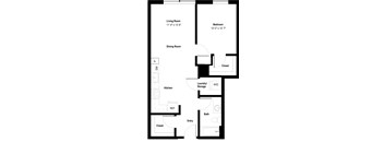 A floor plan of a small apartment with a living room, dining room, kitchen, bathroom, and bedroom.