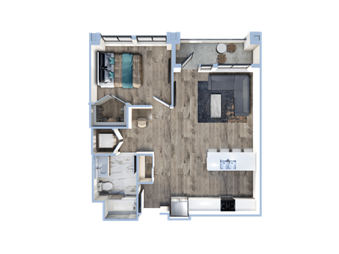 a floor plan of a bedroom with a bathroom and a living room