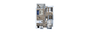 3d floor plan of a house with a bedroom and a living room