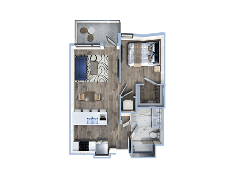 3d floor plan of a house with a bedroom and a living room